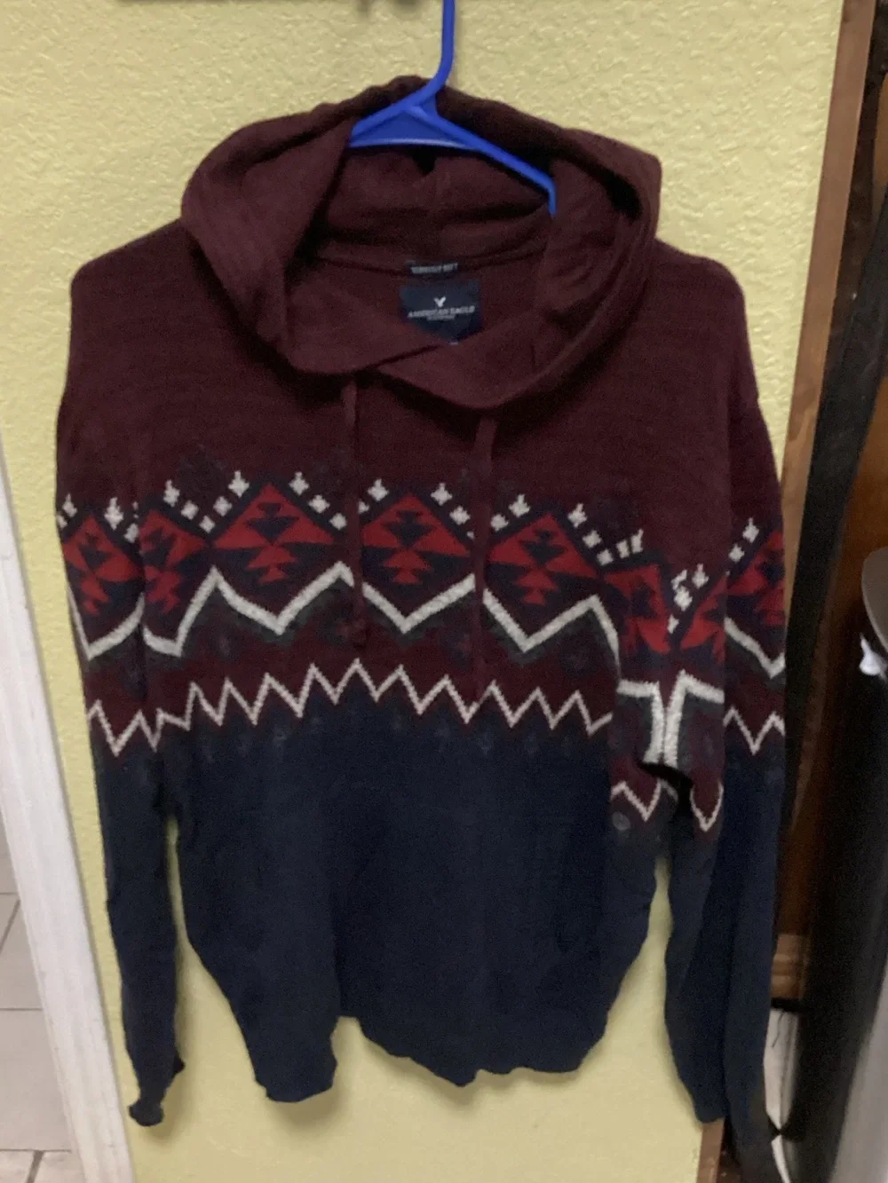 American Eagle Outfitters Men's Fair Isle Hooded Sweater - Burgundy, Navy, White